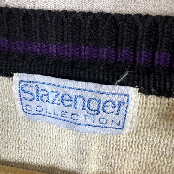 Slazenger Golf Tennis Sweater V Neck Preppy Men XL Purple Cream Cotton - Picture 6 of 6